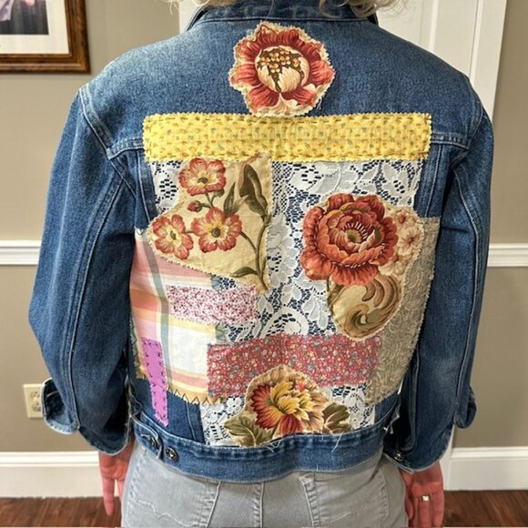 Route 66 Upcycled Floral & Lace Patchwork OOAK Boho Style Jean Jacket Size Small - Picture 1 of 8
